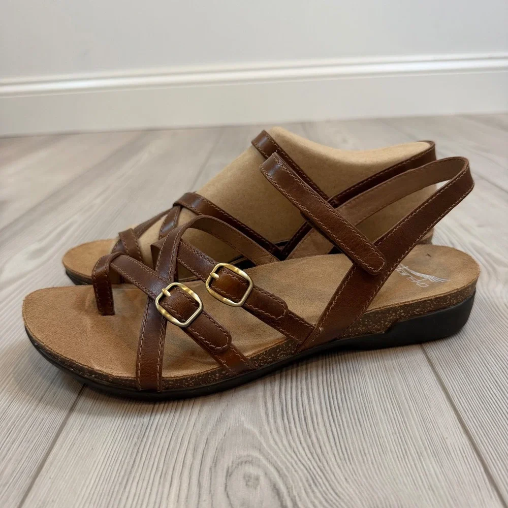 NEW Dansko Roslyn Waxy Burnished Tan Leather Strappy Sandals Size 41 11